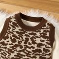 3pcs Baby Girl Coffee Leopard Knitted Vest with Skirt and Solid Long-sleeve Romper Set Coffee