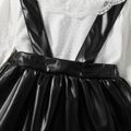 2pcs Solid Lace Decor Long-sleeve White Top and Solid Black Leather Skirt with Shoulder Straps Toddler Set White