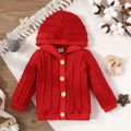 Baby Boy/Girl Solid Cable Knit Textured Button Long-sleeve Hooded Outwear Red