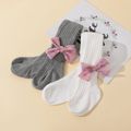 meia-calça com nervuras com nervuras de cor sólida para bebê / criança com decoração de arco de bolinhas para meninas Branco image 4