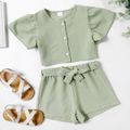 2-piece Kid Girl Basic Solid Color Button Design Short-sleeve Tee and Belted Shorts Set Light Green