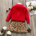 2pcs Kitty Embroidery Pompon Decor Long-sleeve Pink or Beige or Red Toddler Sweater and Leopard Print Brown Skirt Toddler Set Red
