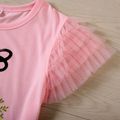 Kid Girl Letter Shoe Floral Print Mesh Flutter-sleeve Tee Pink