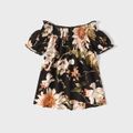 All Over Floral Print Black Shirred Off Shoulder Puff-sleeve Tops for Mom and Me Black