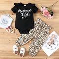 2pcs Baby Girl Letter Print Ruffle Short-sleeve Romper and Leopard Trousers Set ColorBlock
