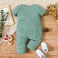 Baby Girl All Over Rabbit Print/Solid Ribbed V Neck Short-sleeve Jumpsuit GrayGreen image 5