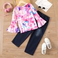 2-piece Kid Girl Tie Dyed Long Bell sleeves Top and Patchwork Denim Jeans Set Multi-color