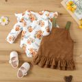 2pcs Baby Girl Floral Print Long-sleeve Romper and Corduroy Layered Ruffled Overall Dress Set Khaki