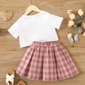 2-piece Toddler Girl Butterfly Print Raglan Sleeve Tee and Pink Plaid Pleated Skirt Set Pink