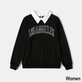 Letter Print Black Long-sleeve Faux-two Shirt Collar Sweatshirts for Mom and Me Black