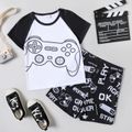 2-piece Kid Boy Game Console Print Raglan Sleeve Tee and Letter Print Shorts Set Blueblackwhite