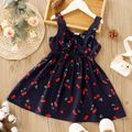 Toddler Girl Cherry Print Bowknot Design Hollow out Strap Dress Deep Blue image 1