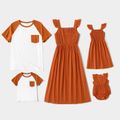 Family Matching 100% Cotton Square Neck Flutter-sleeve Shirred Dresses and Short Raglan Sleeve T-shirts Sets Orangebrown