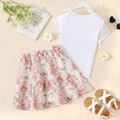 2-piece Kid Girl Bowknot Design One Shoulder Strap Tee and Floral Print Elasticized Skirt Beige