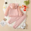 2pcs Solid Jacquard Splice Hooded 3D Ear Decor Long-sleeve Hoodie and Sweatpants Casual Pants Pink Baby Set Pink