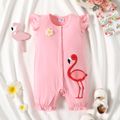 Baby Girl  Flamingo Print Pink Flutter-sleeve Snap Romper Pink