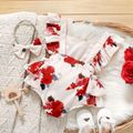2pcs Baby Girl Sleeveless Ruffle Red Floral Letter Print Princess Romper with Headband Set Beige