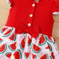 Baby Girl Button Design Red Flutter-sleeve Splicing Watermelon Print Romper Dress Red