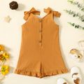 Toddler Girl Floral Print/Solid Color Sleeveless Ruffle Cuff Bowknot Button Design Romper Jumpsuit Shorts YellowBrown