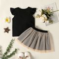 2-piece Toddler Girl Letter Print Flutter-sleeve Black Tee and Bowknot Design Mesh Skirt Set Black image 2