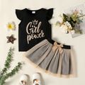 2-piece Toddler Girl Letter Print Flutter-sleeve Black Tee and Bowknot Design Mesh Skirt Set Black image 1