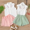 2-piece Kid Girl Stand Collar Floral Embroidered Sleeveless Blouse and Elasticized Solid Color Shorts Set Pale Green
