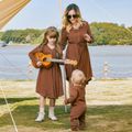 Brown Cable Knit V Neck Button Long-sleeve Dress for Mom and Me Brown