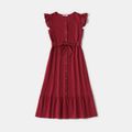 Family Matching 100% Cotton Solid Textured Flutter-sleeve Button Up Dresses and Colorblock Short-sleeve T-shirts Sets Burgundy