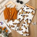 2-piece Toddler Girl Button Design Tie Knot Camisole Tank and Butterfly Print Flared Pants Set Brown image 1