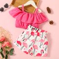 2-piece Toddler Girl Flounce Off Shoulder Strap Pink Tee and Flamingo Print Paperbag Shorts Set Peach