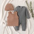 3pcs Baby Boy/Girl Solid Ribbed Long-sleeve Jumpsuit with Knitted Tank Top and Hat Set Brown
