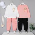 2-piece Kid Girl Solid Color Long-sleeve Tee and Letter Embroidered Cargo Pants Set ( Bear Doll is included) White