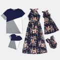 Family Matching Floral Print Halter Neck Sleeveless Maxi Dresses and Colorblock Short-sleeve T-shirts Sets HS image 1