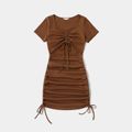 Brown Short-sleeve Hollow Out Ruched Drawstring Mini Bodycon Dress for Mom and Me Brown