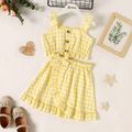 2-piece Kid Girl Plaid Ruffled Button Design Camisole and Bowknot Design Wrap Skirt Set Yellow