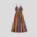 Family Matching Multicolor Striped V Neck Spaghetti Strap Belted Dresses and Colorblock Short-sleeve T-shirts Sets Colorful image 2