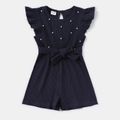 Pearl Beaded Solid Ribbed Flutter-sleeve Belted Cotton Romper for Mom and Me Tibetanblue