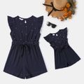 Pearl Beaded Solid Ribbed Flutter-sleeve Belted Cotton Romper for Mom and Me Tibetanblue