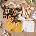 2-piece Kid Girl Floral Print Flutter-sleeve Top anf Belted Elasticized Shorts Set Multi-color