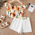 2-piece Kid Girl Floral Print Flutter-sleeve Top anf Belted Elasticized Shorts Set Multi-color