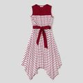 Family Matching Red Striped Irregular Hem Sleeveless Splicing Dresses and T-shirts Sets Burgundy
