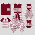 Family Matching Red Striped Irregular Hem Sleeveless Splicing Dresses and T-shirts Sets Burgundy