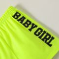 Baby Girl Letter Print Fluorescent Colored Short-sleeve Hooded Crop Top and Shorts Set LUMINOUSYELLOW