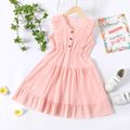 Kid Girl 100% Cotton Solid Color Ruffled Button Design  V Neck Sleeveless Dress Pink