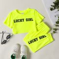 2-piece Toddler Girl Letter Print Solid Color Short-sleeve Crop Tee and Elasticized Pants Set Green