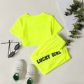 2-piece Toddler Girl Letter Print Solid Color Short-sleeve Crop Tee and Elasticized Pants Set Green