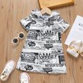 Toddler Girl Letter Allover Print Button Design Short-sleeve Hooded Dress White