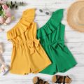 Kid Girl One Shoulder Flounce Bowknot Design Sleeveless Rompers Jumpsuits Shorts Yellow