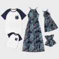 Family Matching All Over Plant Print Halter Neck Belted Dresses and Raglan-sleeve T-shirts Sets Dark Blue/white