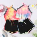 2-piece Kid Girl Letter Print Tie Dyed Halter Top and Bowknot Design Shorts Set Pink image 2